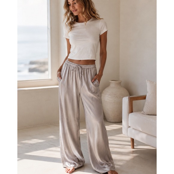 & Other Stories Pants - & Other Stories Drawstring Satin Trousers Womens 6 Beige Wide Leg Relaxed Fit
